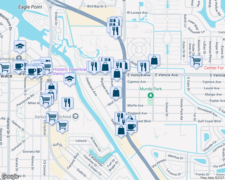 map of restaurants, bars, coffee shops, grocery stores, and more near 233 Warfield Avenue in Venice