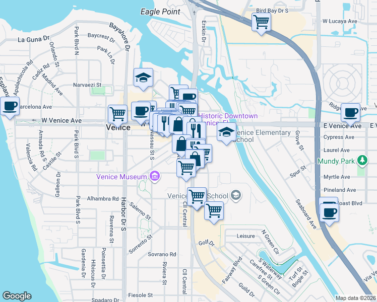 map of restaurants, bars, coffee shops, grocery stores, and more near 238 South Tamiami Trail in Venice