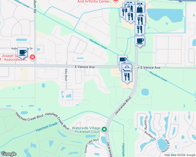map of restaurants, bars, coffee shops, grocery stores, and more near 2235 Terracina Drive in Venice