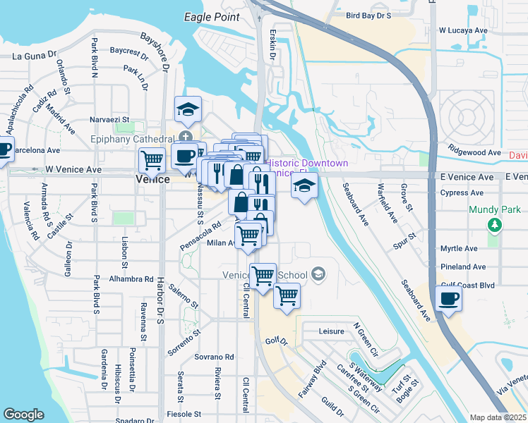 map of restaurants, bars, coffee shops, grocery stores, and more near 238 South Tamiami Trail in Venice