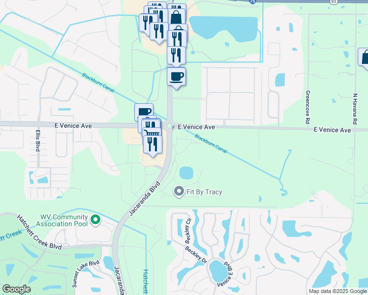 map of restaurants, bars, coffee shops, grocery stores, and more near 19600 Floridian Club Drive in Venice