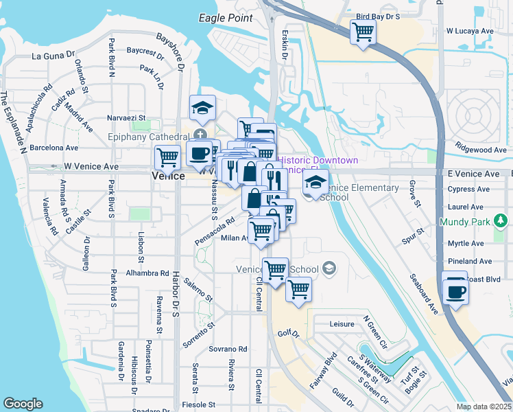 map of restaurants, bars, coffee shops, grocery stores, and more near 238 South Tamiami Trail in Venice