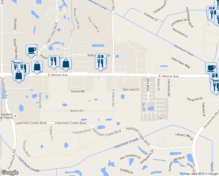 map of restaurants, bars, coffee shops, grocery stores, and more near 91 South Auburn Road in Venice