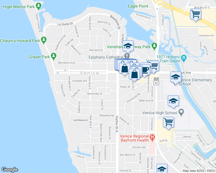 map of restaurants, bars, coffee shops, grocery stores, and more near 425 Palmetto Court in Venice