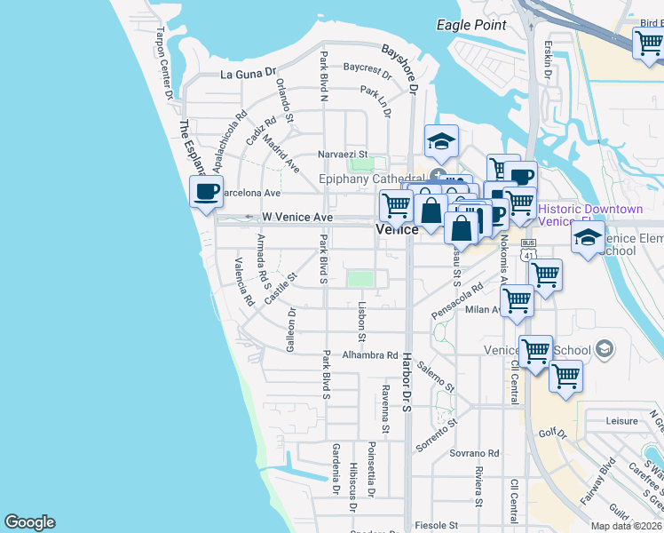 map of restaurants, bars, coffee shops, grocery stores, and more near 456 Palmetto Court in Venice
