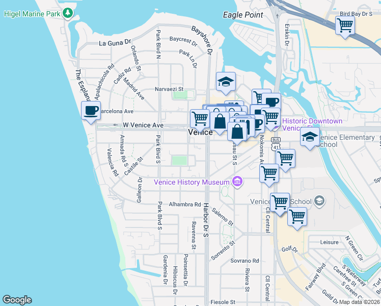 map of restaurants, bars, coffee shops, grocery stores, and more near 425 Palmetto Court in Venice
