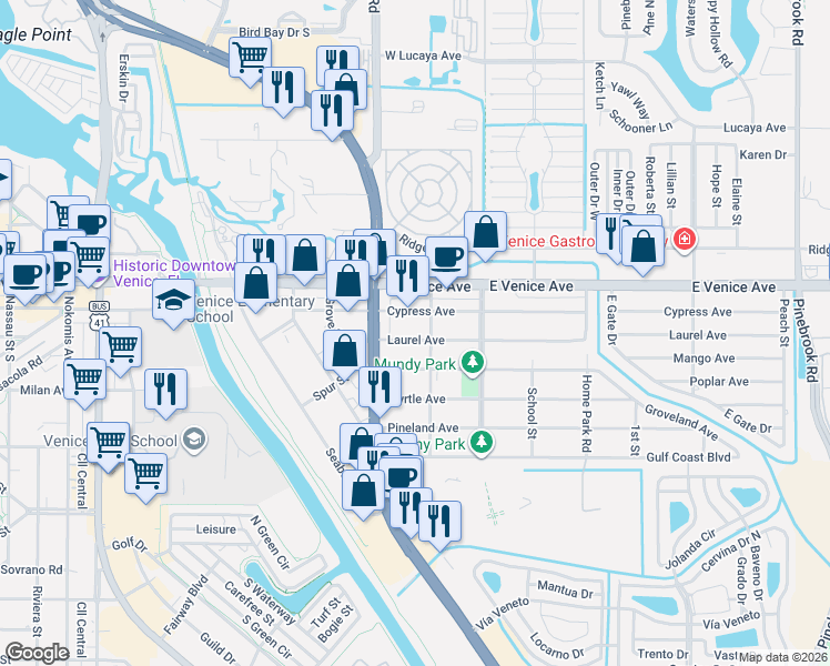map of restaurants, bars, coffee shops, grocery stores, and more near 724 Laurel Avenue in Venice