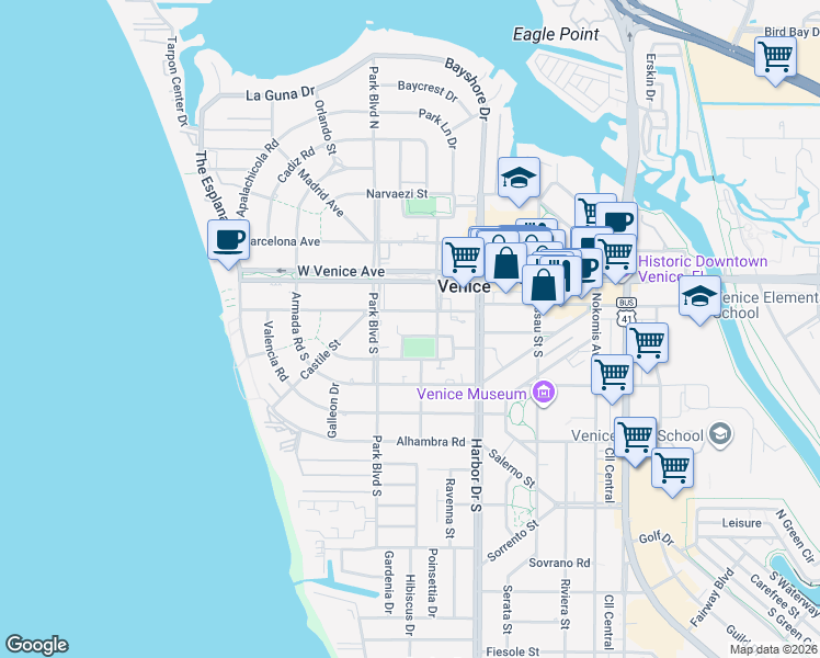 map of restaurants, bars, coffee shops, grocery stores, and more near 456 Palmetto Court in Venice