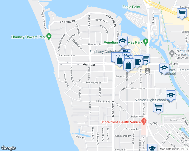 map of restaurants, bars, coffee shops, grocery stores, and more near 456 Palmetto Court in Venice