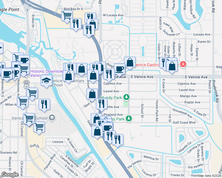 map of restaurants, bars, coffee shops, grocery stores, and more near 724 Laurel Avenue in Venice