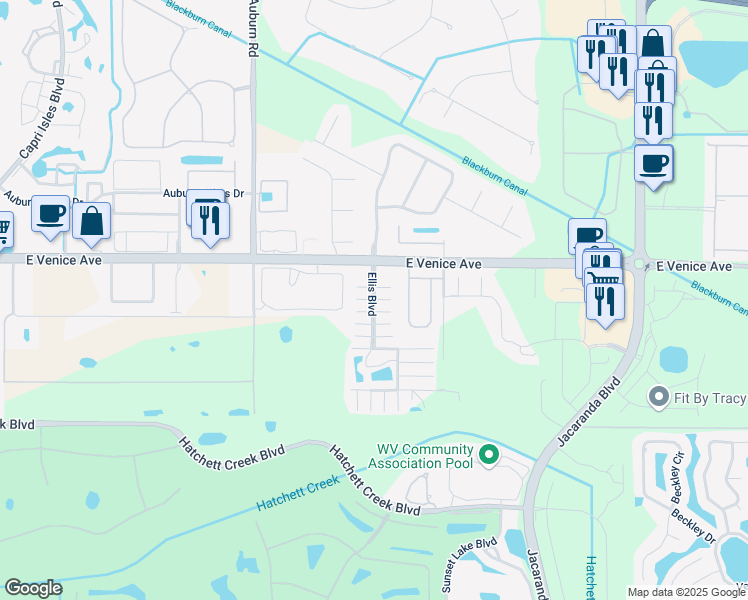 map of restaurants, bars, coffee shops, grocery stores, and more near 2487 Gertrude Lane in Venice