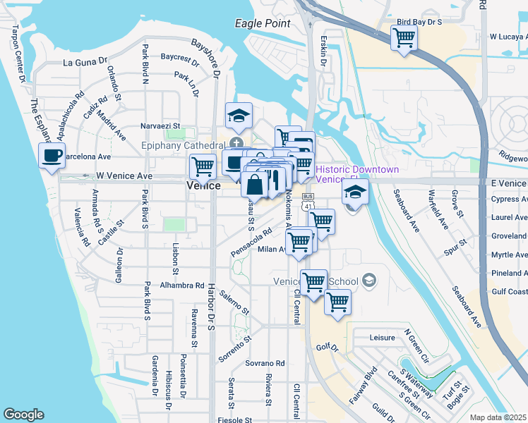 map of restaurants, bars, coffee shops, grocery stores, and more near 247 Ponce De Leon Avenue in Venice