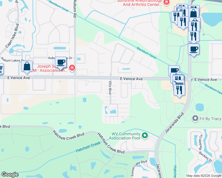 map of restaurants, bars, coffee shops, grocery stores, and more near 2487 Gertrude Lane in Venice