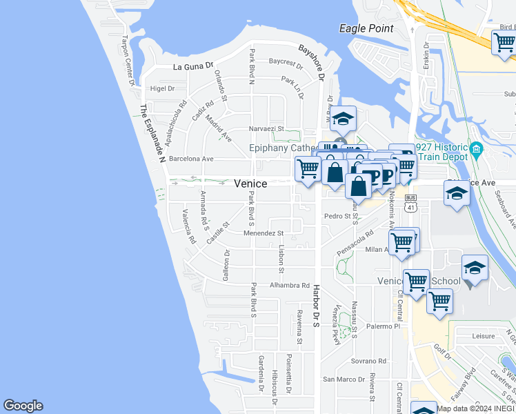 map of restaurants, bars, coffee shops, grocery stores, and more near 101 Park Boulevard South in Venice