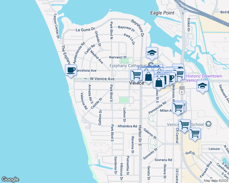 map of restaurants, bars, coffee shops, grocery stores, and more near 101 Park Boulevard South in Venice