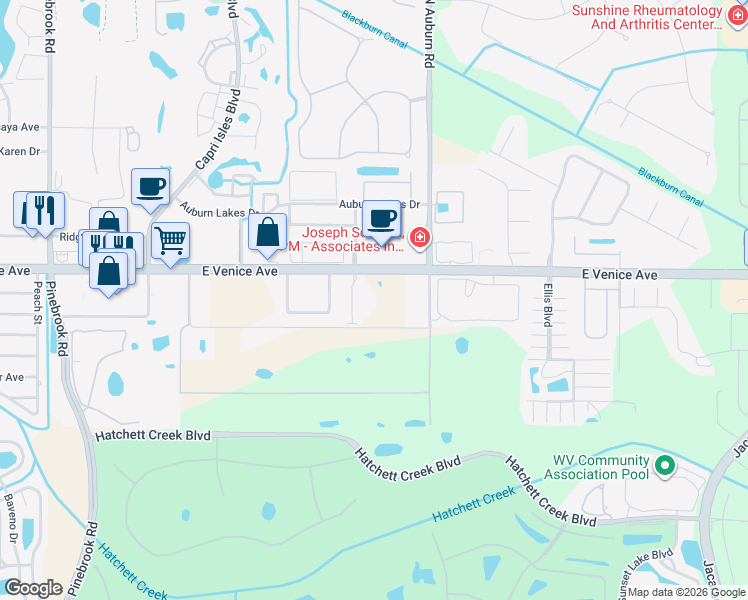 map of restaurants, bars, coffee shops, grocery stores, and more near 1775 East Venice Avenue in Venice