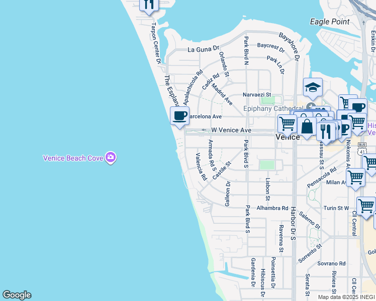 map of restaurants, bars, coffee shops, grocery stores, and more near 201 The Esplanade South in Venice