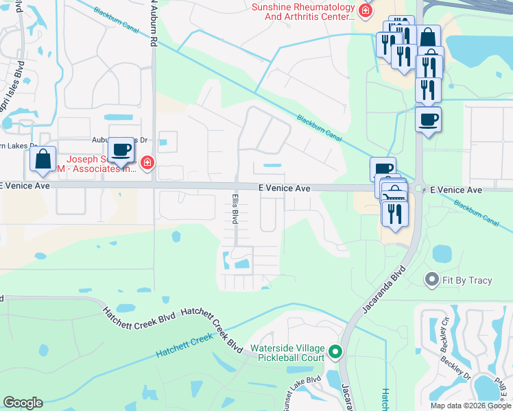 map of restaurants, bars, coffee shops, grocery stores, and more near 2509 Sylvia Lane in Venice