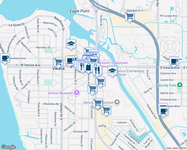 map of restaurants, bars, coffee shops, grocery stores, and more near 101 Miami Avenue East in Venice