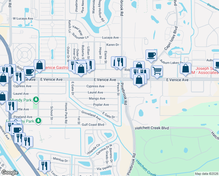 map of restaurants, bars, coffee shops, grocery stores, and more near 1316 Cypress Avenue in Venice