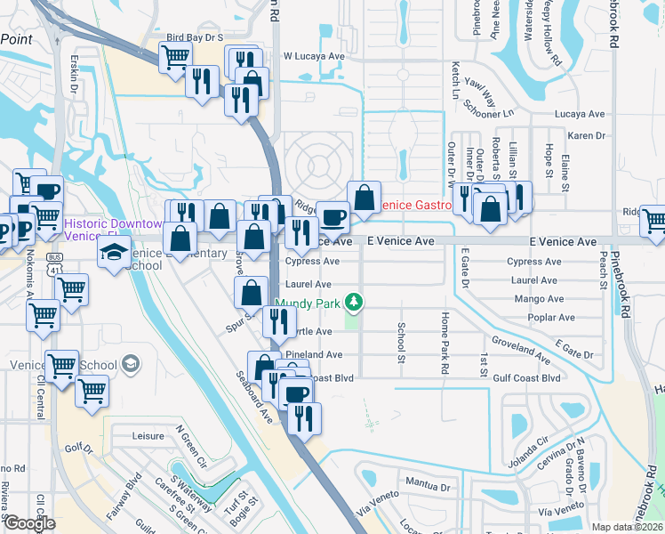 map of restaurants, bars, coffee shops, grocery stores, and more near 809 Cypress Avenue in Venice