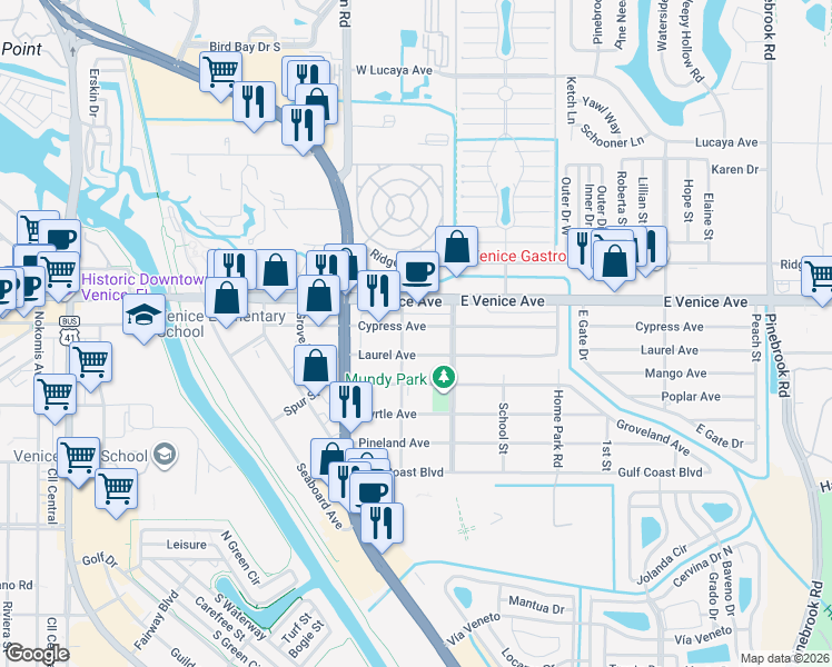 map of restaurants, bars, coffee shops, grocery stores, and more near 809 Cypress Avenue in Venice