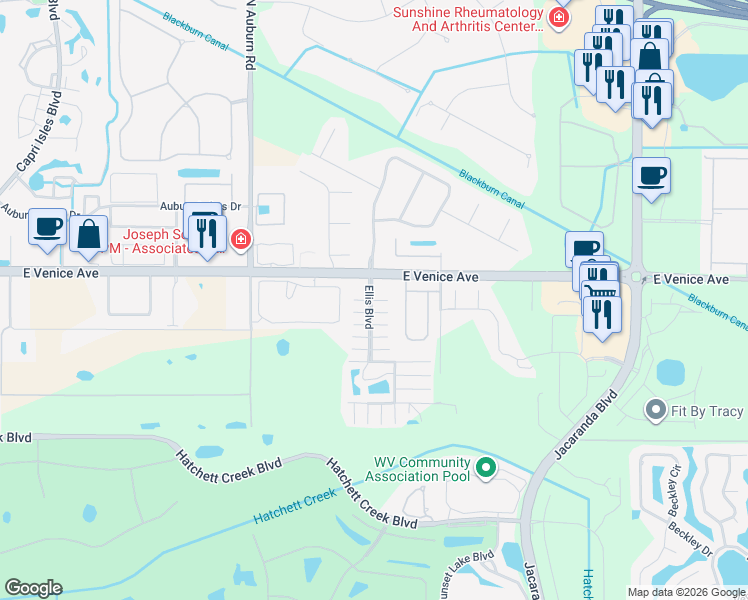 map of restaurants, bars, coffee shops, grocery stores, and more near 2496 Sylvia Lane in Venice