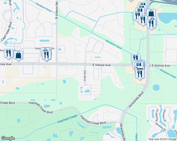 map of restaurants, bars, coffee shops, grocery stores, and more near 2509 Sylvia Lane in Venice
