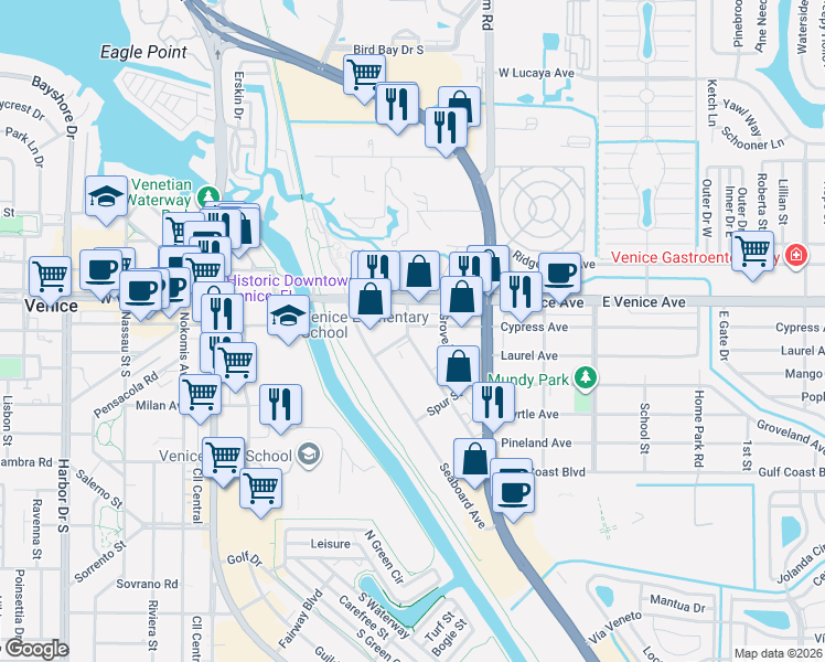 map of restaurants, bars, coffee shops, grocery stores, and more near 124 Warfield Avenue in Venice