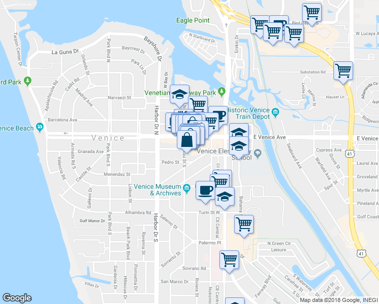 map of restaurants, bars, coffee shops, grocery stores, and more near 239 Miami Avenue West in Venice