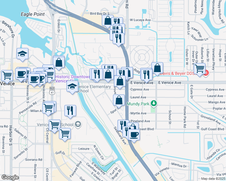 map of restaurants, bars, coffee shops, grocery stores, and more near 200 Grove Street in Venice