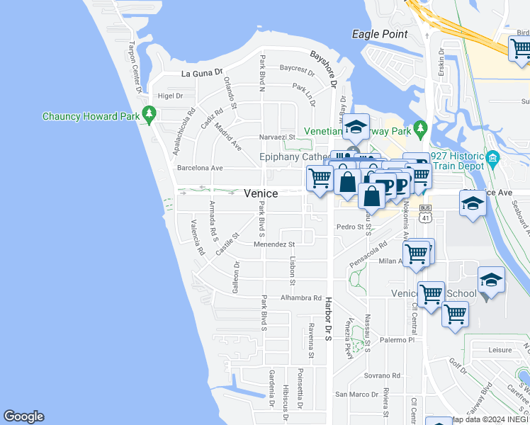 map of restaurants, bars, coffee shops, grocery stores, and more near Park Boulevard South in Venice
