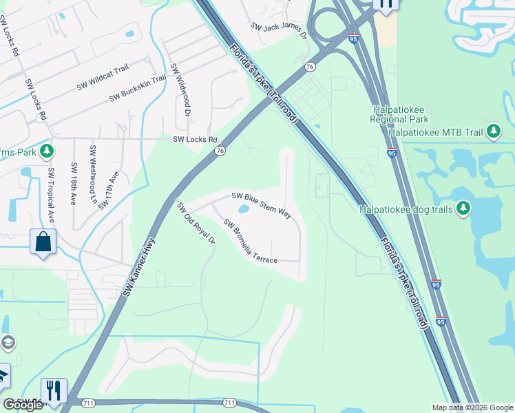 map of restaurants, bars, coffee shops, grocery stores, and more near 1030 Southwest Blue Stem Way in Stuart