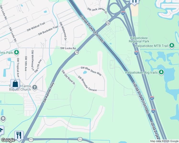 map of restaurants, bars, coffee shops, grocery stores, and more near 1030 Southwest Blue Stem Way in Stuart