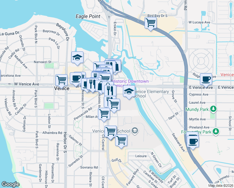 map of restaurants, bars, coffee shops, grocery stores, and more near 143 Miami Avenue East in Venice
