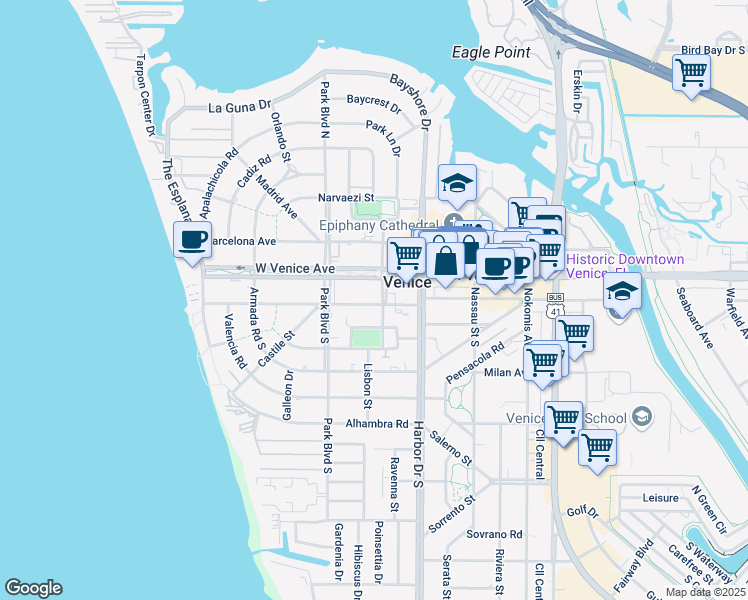 map of restaurants, bars, coffee shops, grocery stores, and more near 500 Granada Avenue in Venice