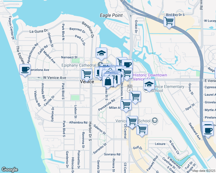 map of restaurants, bars, coffee shops, grocery stores, and more near 264b Miami Avenue West in Venice