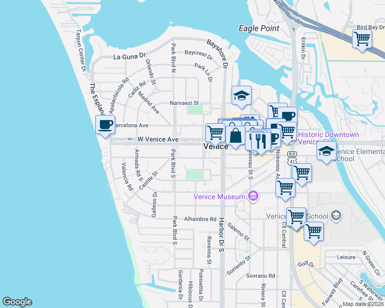 map of restaurants, bars, coffee shops, grocery stores, and more near 500 Granada Avenue in Venice