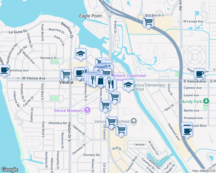 map of restaurants, bars, coffee shops, grocery stores, and more near 101 Miami Avenue East in Venice