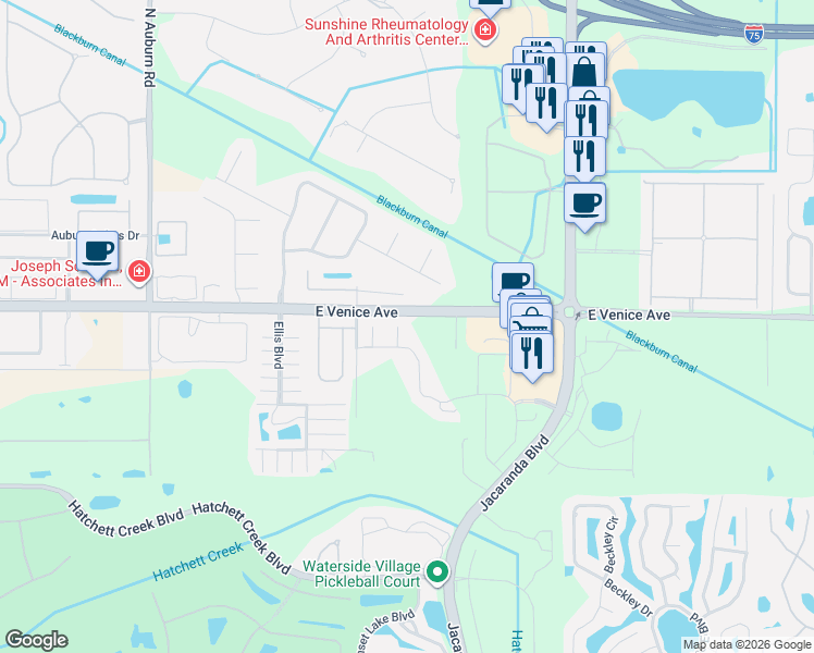 map of restaurants, bars, coffee shops, grocery stores, and more near 122 Altesino Court in Venice