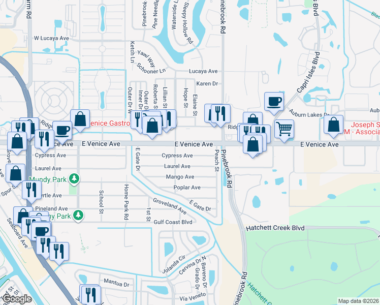 map of restaurants, bars, coffee shops, grocery stores, and more near 1308 Cypress Avenue in Venice