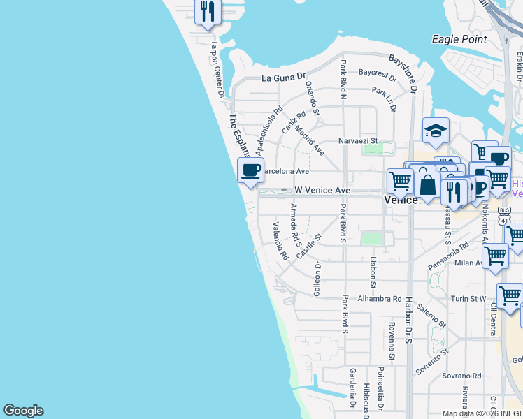 map of restaurants, bars, coffee shops, grocery stores, and more near 201 The Esplanade South in Venice