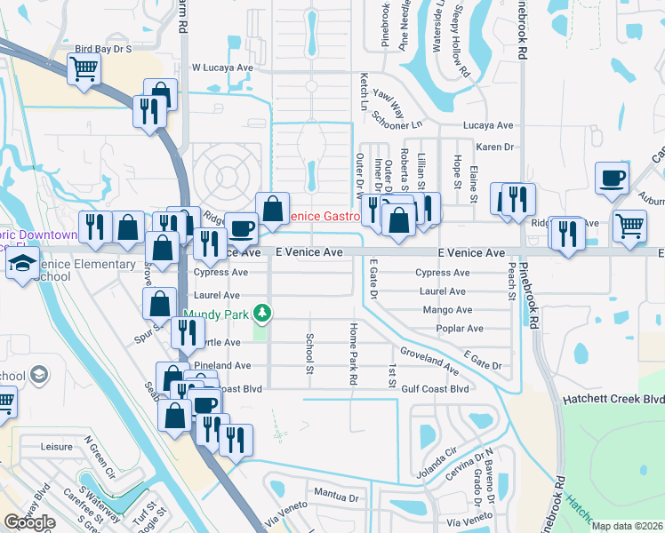 map of restaurants, bars, coffee shops, grocery stores, and more near 945 Cypress Avenue in Venice