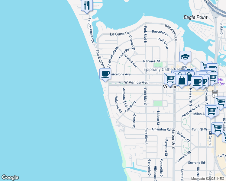 map of restaurants, bars, coffee shops, grocery stores, and more near 201 The Esplanade South in Venice