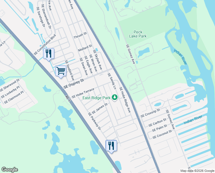 map of restaurants, bars, coffee shops, grocery stores, and more near 8674 Southwest Keathley Court in Hobe Sound