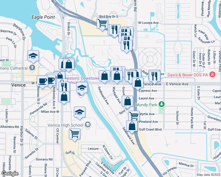 map of restaurants, bars, coffee shops, grocery stores, and more near 124 Warfield Ave in Venice