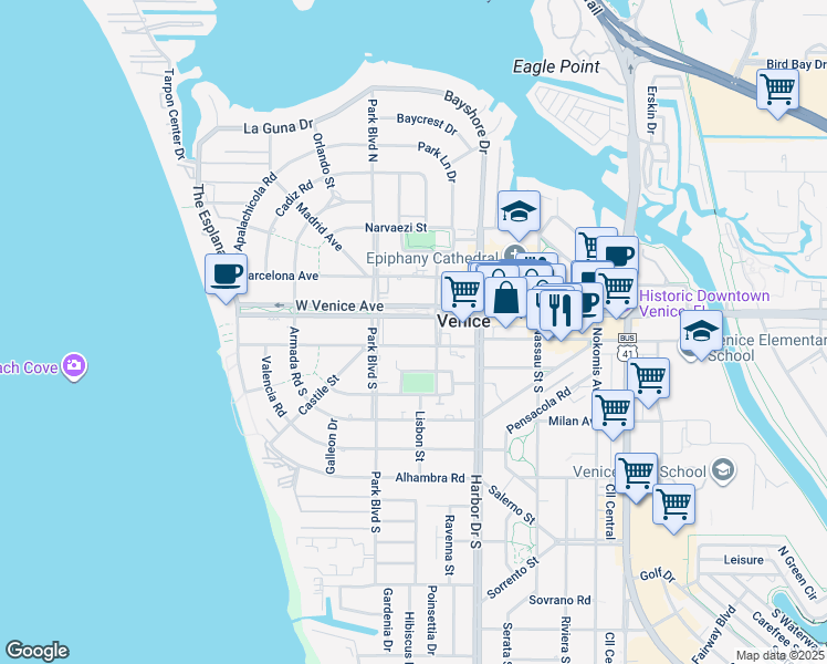 map of restaurants, bars, coffee shops, grocery stores, and more near 500 Granada Avenue in Venice