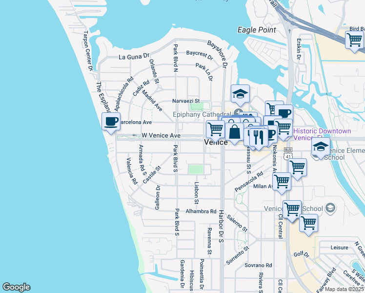 map of restaurants, bars, coffee shops, grocery stores, and more near 101 Park Boulevard South in Venice