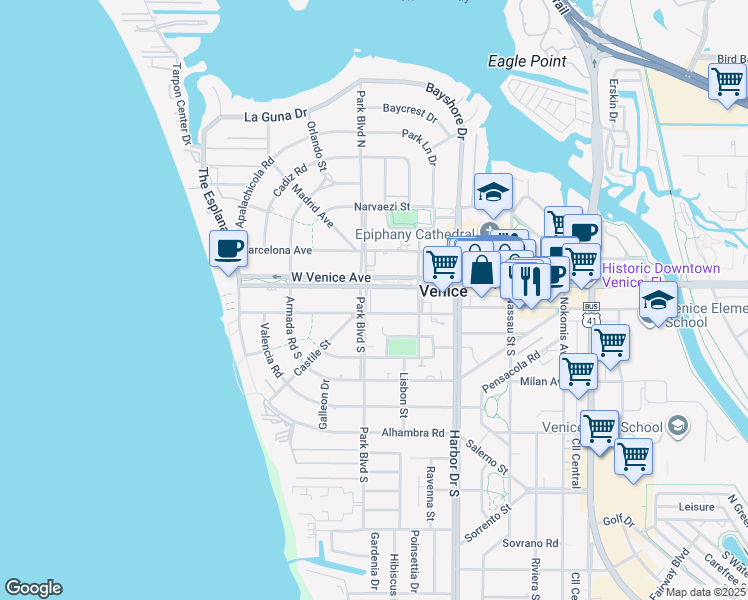 map of restaurants, bars, coffee shops, grocery stores, and more near 91 Park Boulevard South in Venice