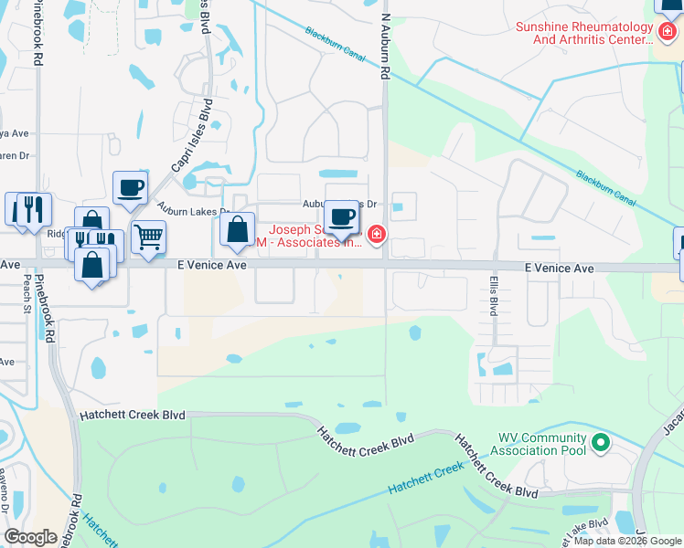 map of restaurants, bars, coffee shops, grocery stores, and more near 1775 East Venice Avenue in Venice